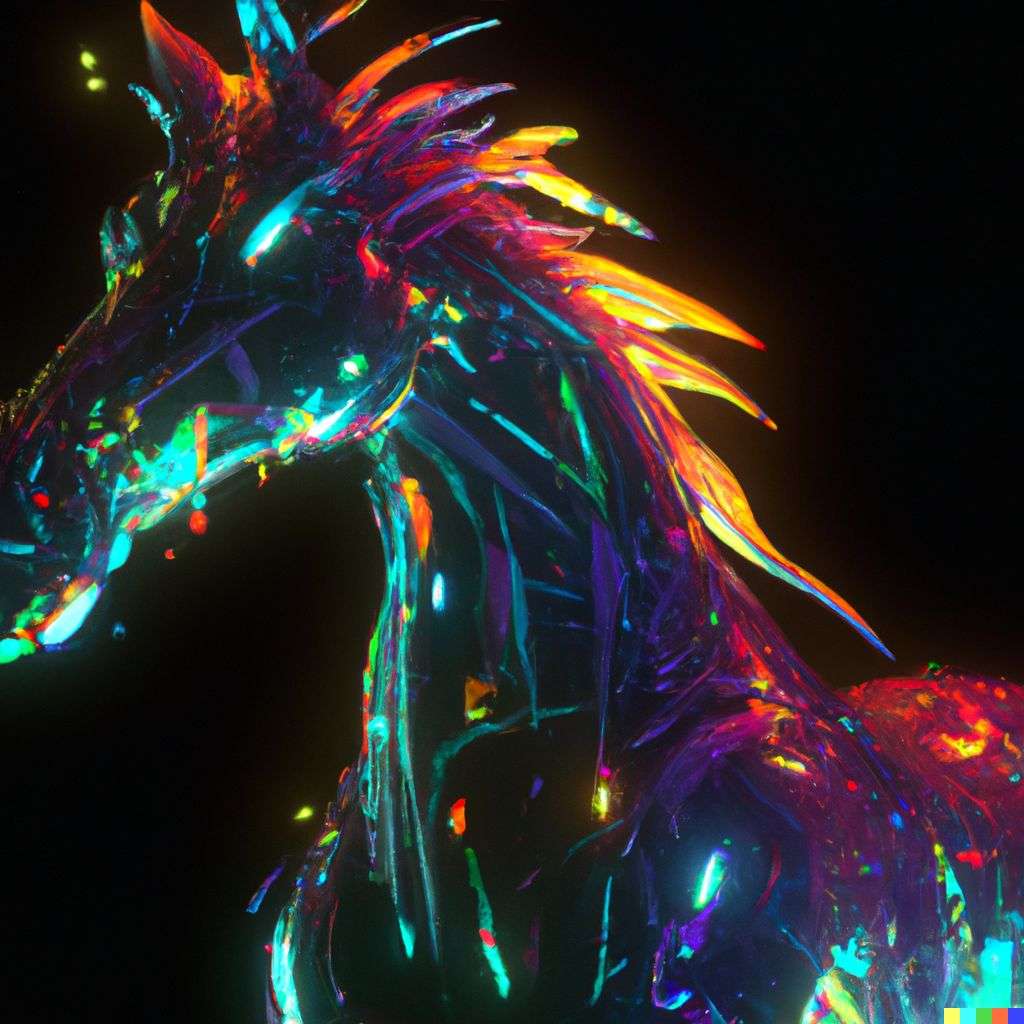 a horse, made from glowing multicolored luminescent fibers, digital art